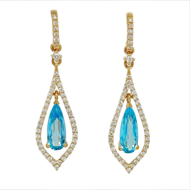 Blue topaz (2.03 ctw) & diamond (0.45 ctw) teardrop dangle earrings 14k yellow gold