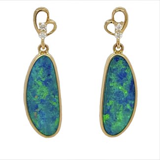 Opal doublet free form diamond accented earrings 14k yellow gold