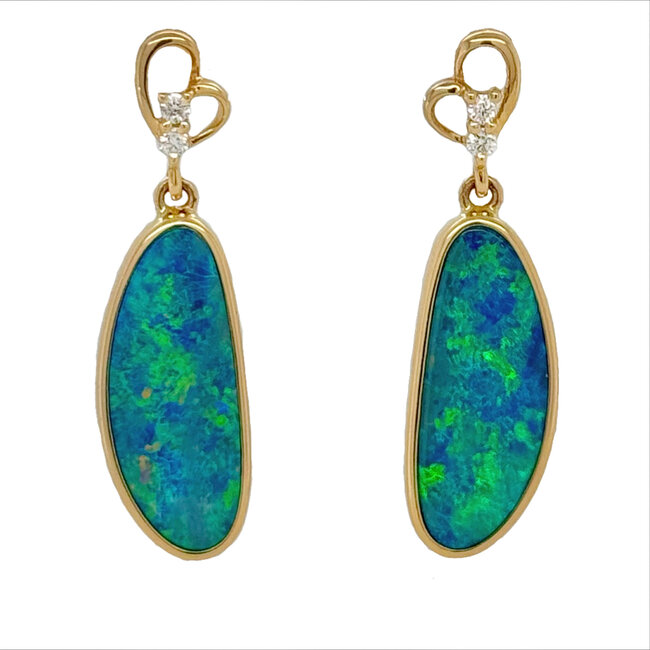 Opal doublet free form diamond accented earrings 14k yellow gold