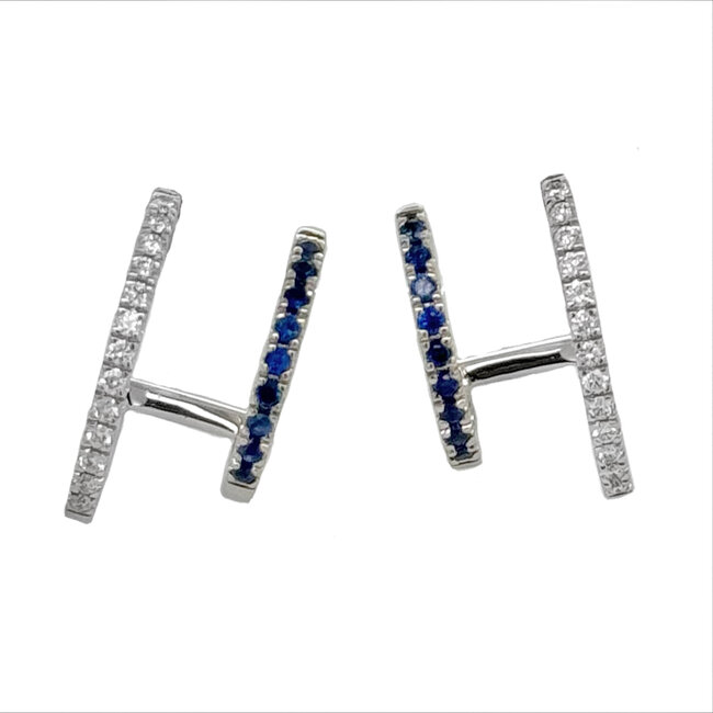 Sapphire & diamond  (0.156 ctw) two row hoop earrings 14k white gold 2.1 gr