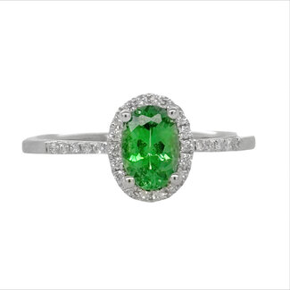 Green garnet (0.69 ct) & diamond (0.11 ctw) halo ring 14k white gold