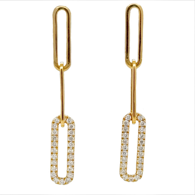 Diamond three link paper clip earrings 14k yellow gold