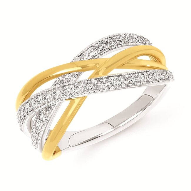 Diamond (0.33 ctw) criss-cross fashion ring 14k white & yellow gold 3.5 gr