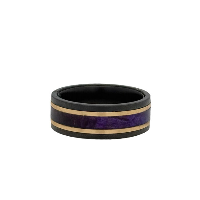 8mm zirconium flat matte w/ 14k yellow gold & purple burl wood inlay sz 10