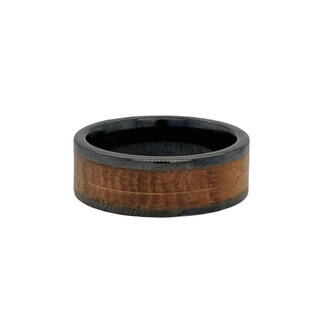 8mm black ceramic flat high polish finish w/whiskey wood inlay sz 10