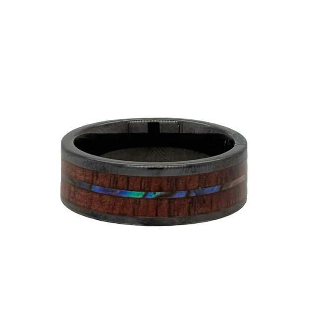 8mm black ceramic flat high polish w/ koa wood & abalone inlay sz 10