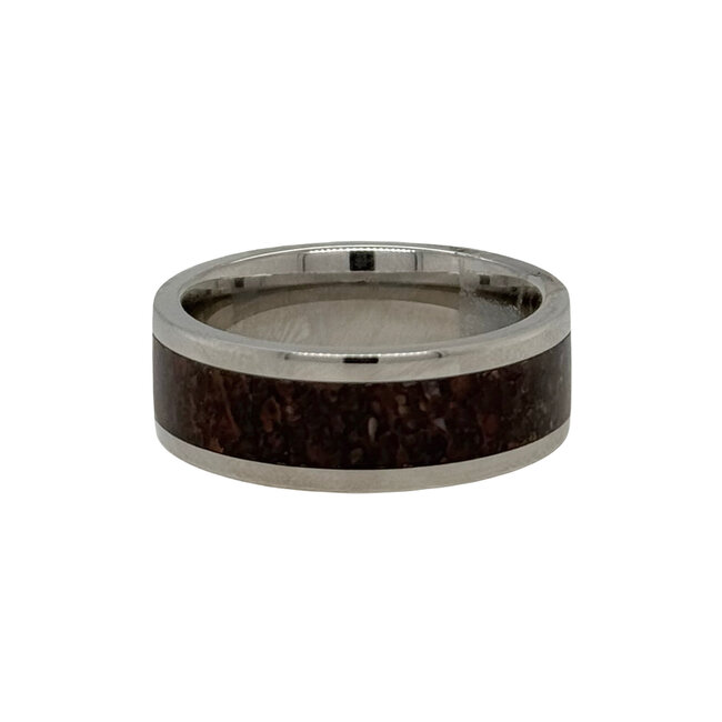 8mm black ceramic flat high polish w/red dino bone inlay sz 10