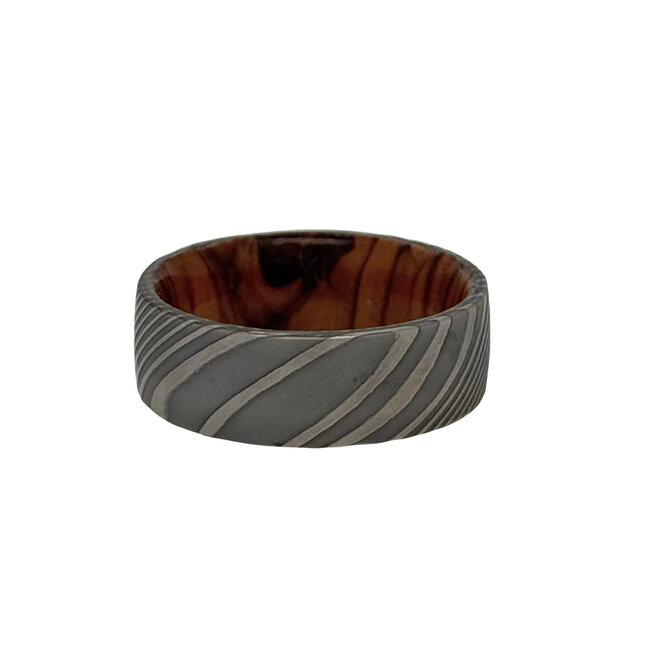 8mm twisted damascus flat high polish finish w/olive wood sleeve SZ 10