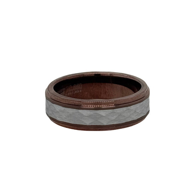 Tungsten white & brown hammered edge band, size 10