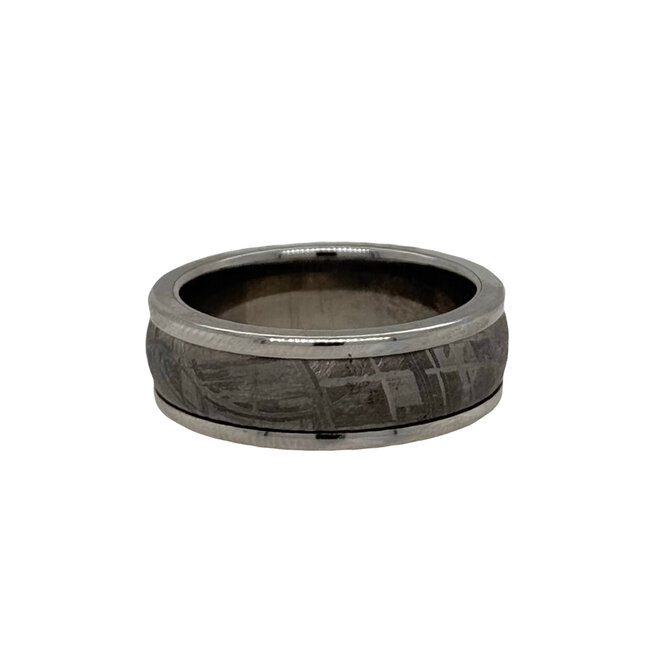 White tungsten & metorite round edge band, size 10