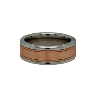 White tungsten / 14k rose gold center milgrain finish