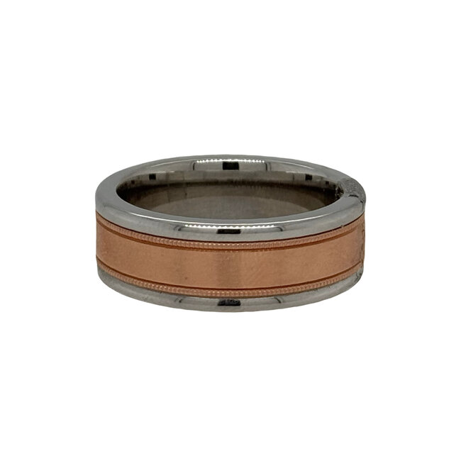 White tungsten / 14k rose gold center milgrain finish