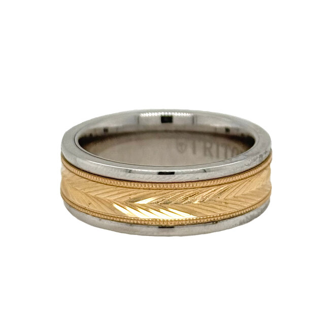 White tungsten / 14k yellow gold herringbone center band