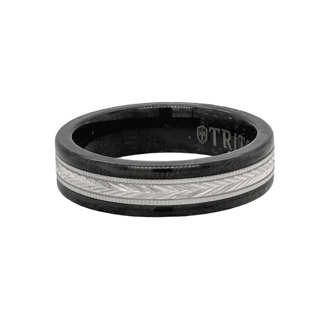 Tungsten/14k white gold herringbone milgrain band