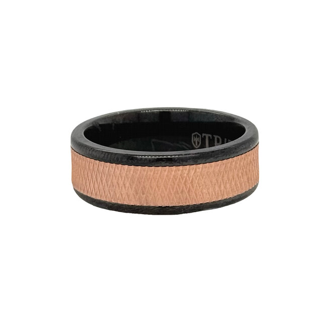 14k rose gold & black tungsten criss cross band, size 10