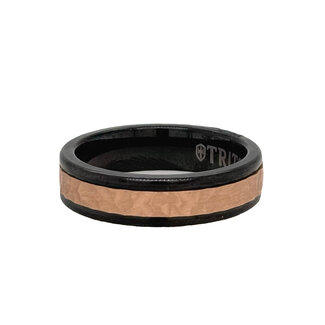 Black tungsten / 14k rose gold hammered center band