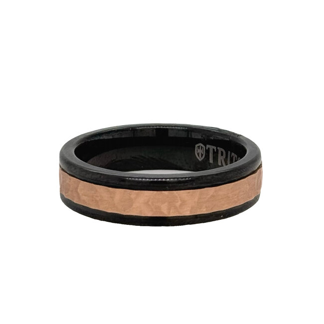 Black tungsten / 14k rose gold hammered center band