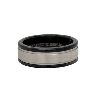 14k white gold & black tungsten round edge band, size 10