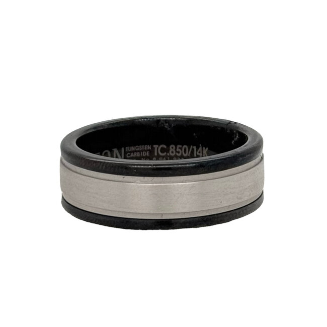 14k white gold & black tungsten round edge band, size 10