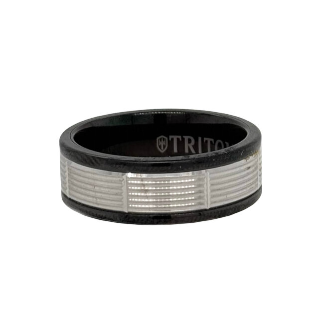14k white gold & black tungsten serrated cut band, size 10
