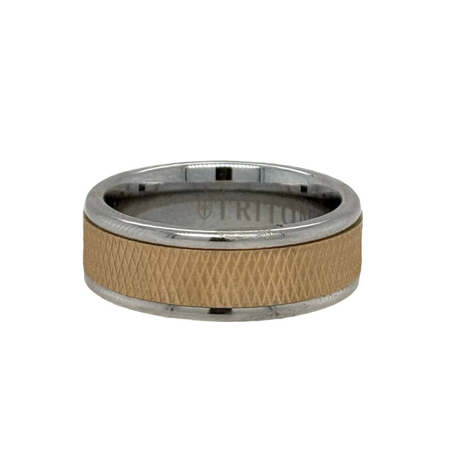White tungsten / 14k yellow gold criss cross textured center band
