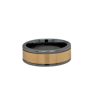 Gray tungsten / 14k yellow gold center machine finish round edge band