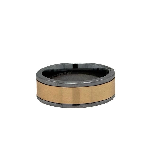 Gray tungsten / 14k yellow gold center machine finish round edge band