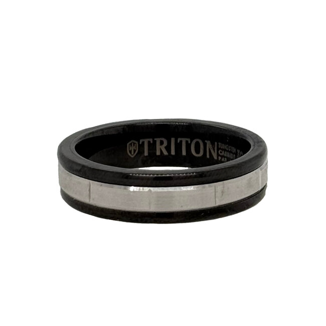 14k white gold & black tungsten vertical cut band, size 10
