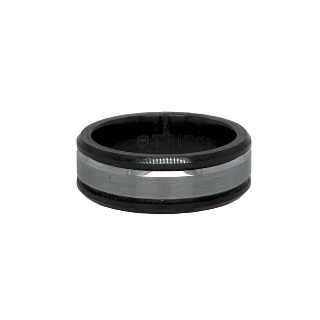 Tungsten satin finish bevel edge grey and white band