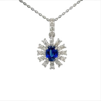Sapphire (0.31 ct) & diamond (0.17 ctw) starburst halo pendant w 