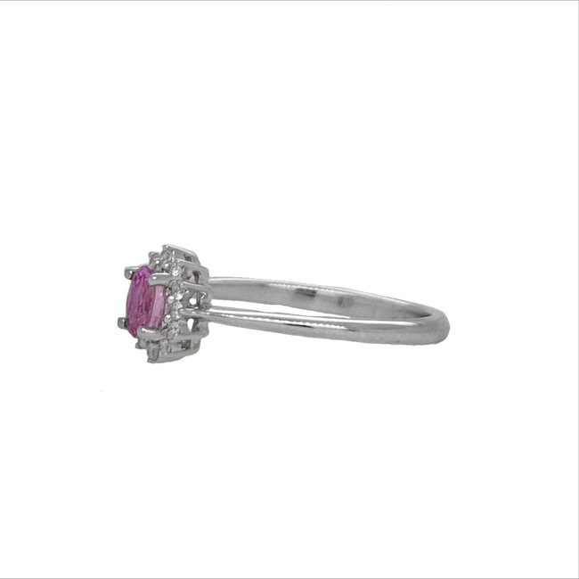Pink sapphire (0.28 ct) & diamond (0.10 ctw) oval halo ring 14k white gold