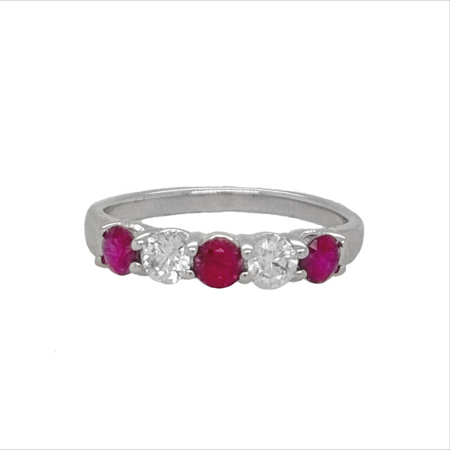Ruby (0.68 ctw) & diamond (0.37 ctw) 5 stone band 14k white gold 2.6 gr