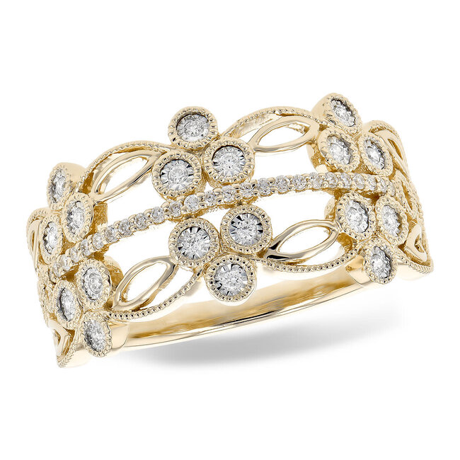 Diamond (0.15 ctw) 2 row floral ring 14k yellow gold 3.3 gr