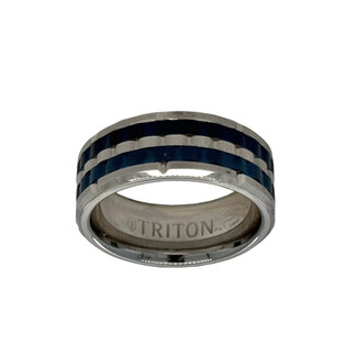 Tungsten blue & white backetweave band, size 10