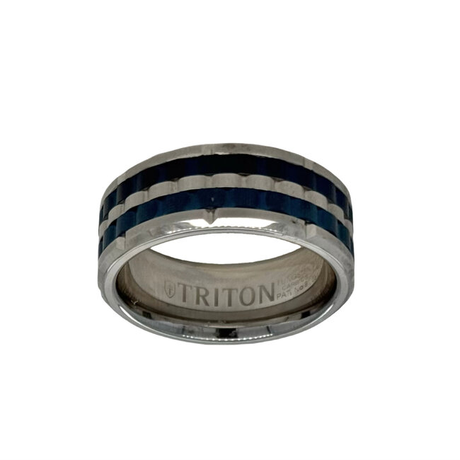 Tungsten blue & white backetweave band, size 10