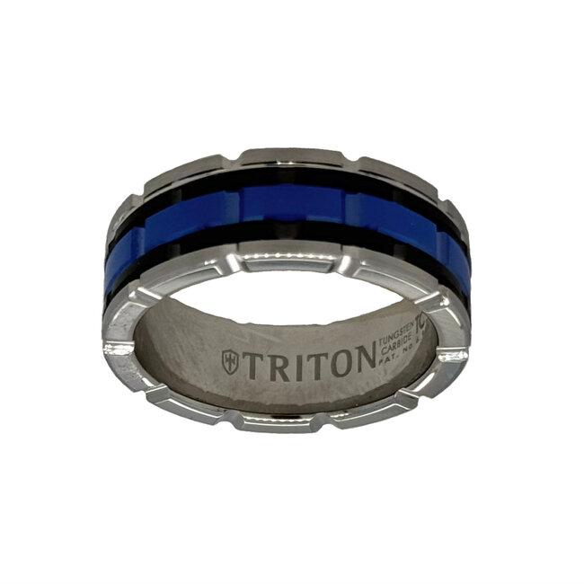 Tungsten & blue ceramic flat edge band, size 10