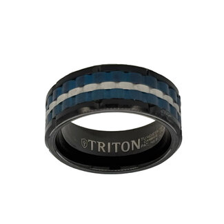Tungsten blue, black, & white basketweave band, size 10