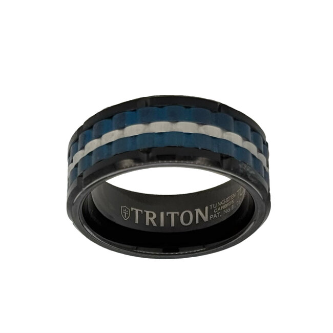 Tungsten blue, black, & white basketweave band, size 10