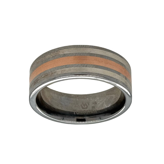 8mm tungsten flat high polish w/sterling & rose gold inlays sz 10