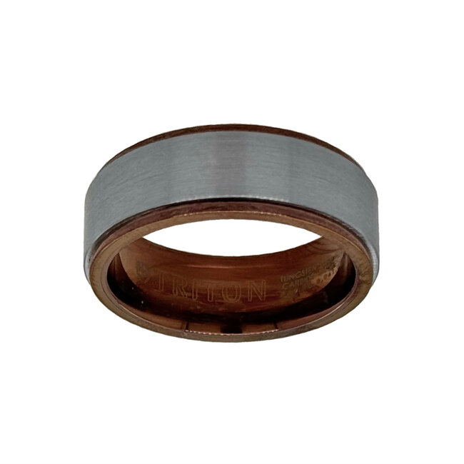 Tungsten brush finish brown & white band, size 10