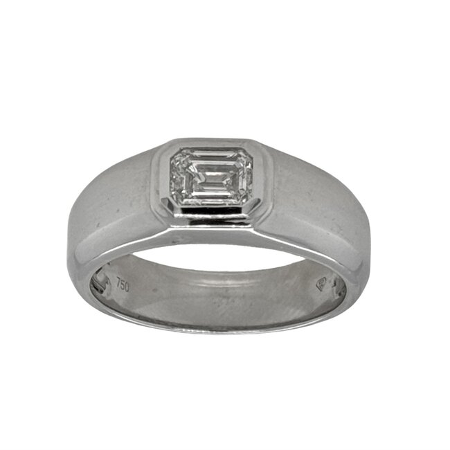 Diamond (1.01 ct) emerald cut men's ring 18k white gold