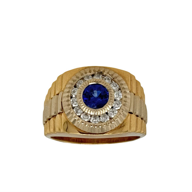 Sapphire (0.76 ct) & diamond (0.42 ctw) men's ring 18k white & yellow gold 14.9 gr
