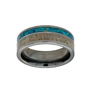 8mm Tungstenflat high polish finish antler & opal inlay  band size 10