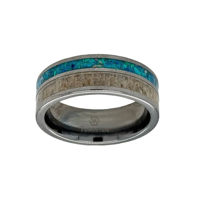 8mm Tungstenflat high polish finish antler & opal inlay  band size 10
