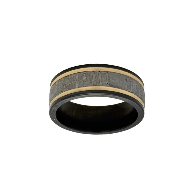 8mm zirconium flat matte w/ 14k yellow gold & meteorite inlay sz 10