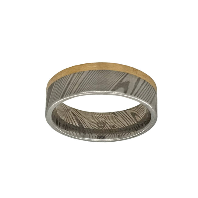 7mm twisted damascus flat high polish finish w/ 14k yellow gold edge sz 10