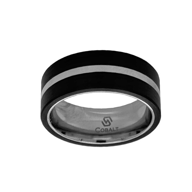 8mm cobalt flat high polish finish center w/ carbon fiber overlays sz 8