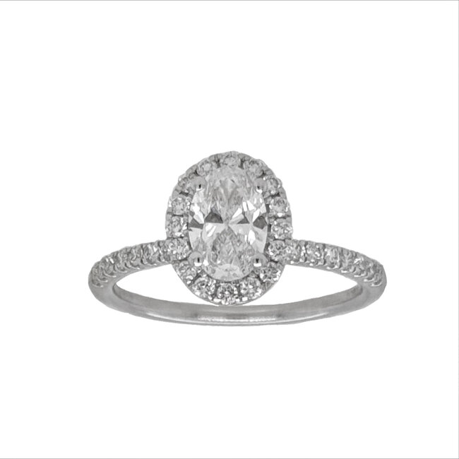 LAB oval diamond (1.50ct) with lab diamond (0.50ctw) halo setting, 14k white gold (G-H/SI-1)