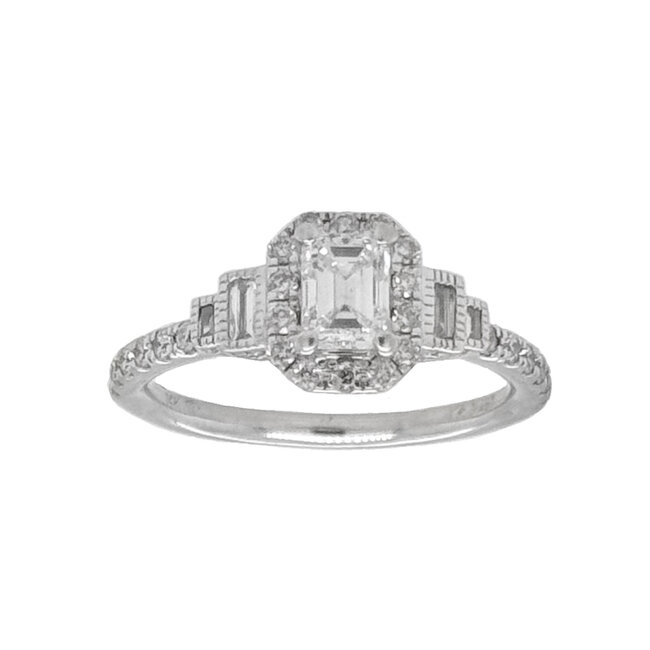 Diamond (0.31ctr, 0.79 ctw) emerald cut bridal setting, 14k white gold 3.1 gr