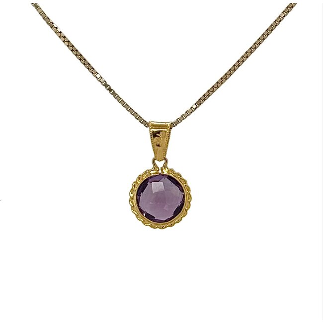 Amethyst (1.51 ct) round checkerboard cut pendant 18k yellow gold .39 gr